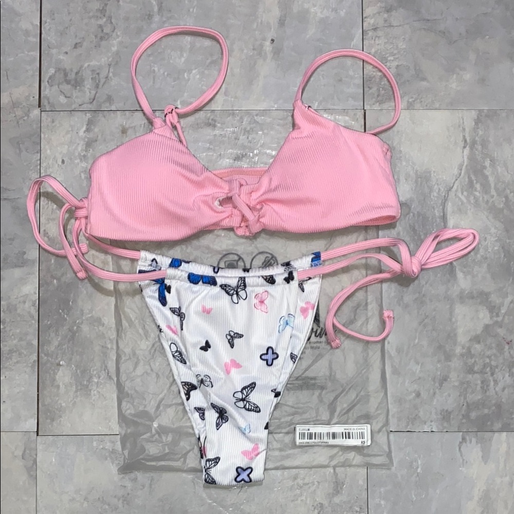 SHEIN Pink and White Butterfly women Bikini set swim wear Xs brand new